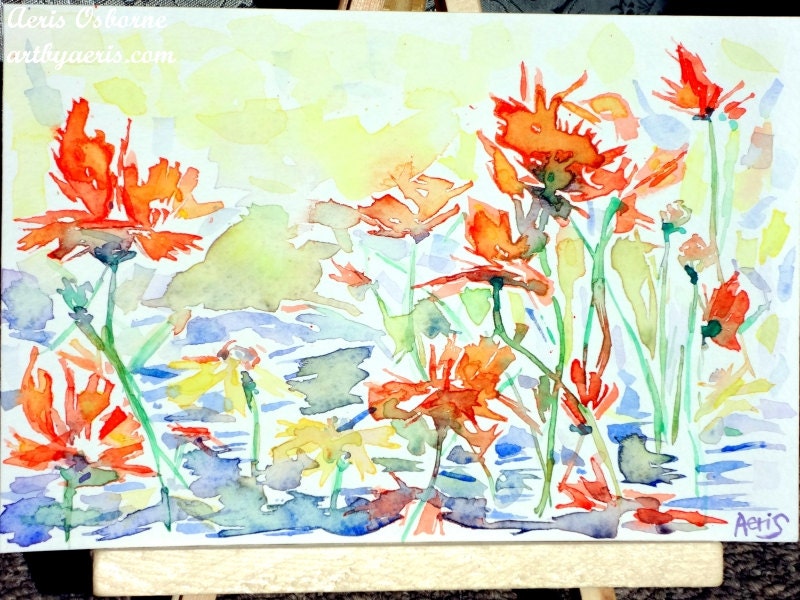 Orange Poppy Flowers Original Watercolor  Painting 6" x 9" , Flowers Series Wall Decor