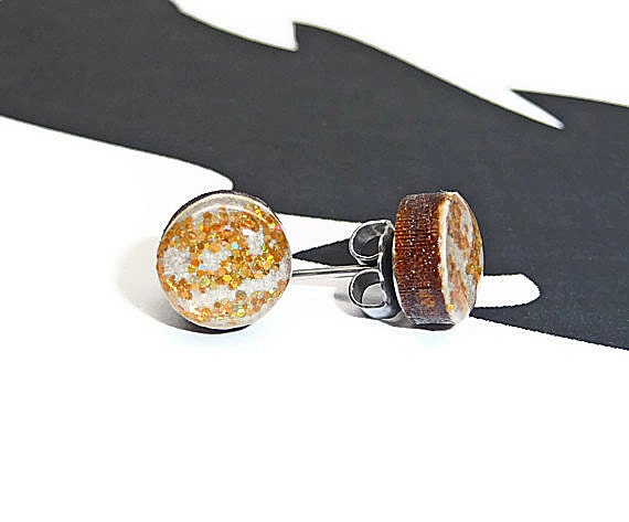 Round wooden stud post earrings silver shimmer and gold glitter asymmetrical ladder design