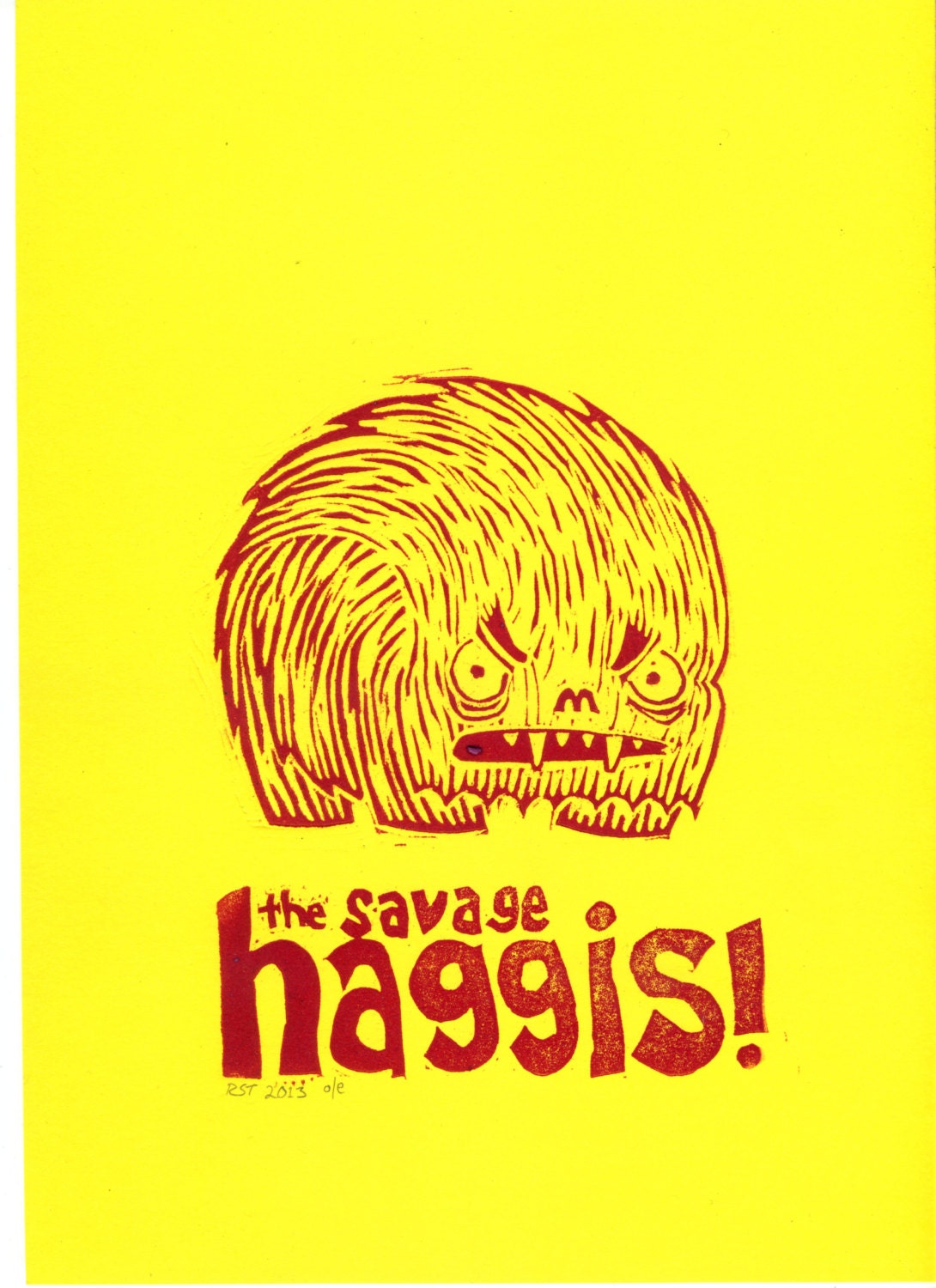 Savage Haggis Print: hand-pressed lino-cut print 12" by 8" (A4)