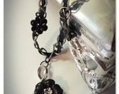 Deadly Bloom- Black flower pendant elegant silver twist rope necklace victorian chic goth edwardian nouveau boho noir jewelry