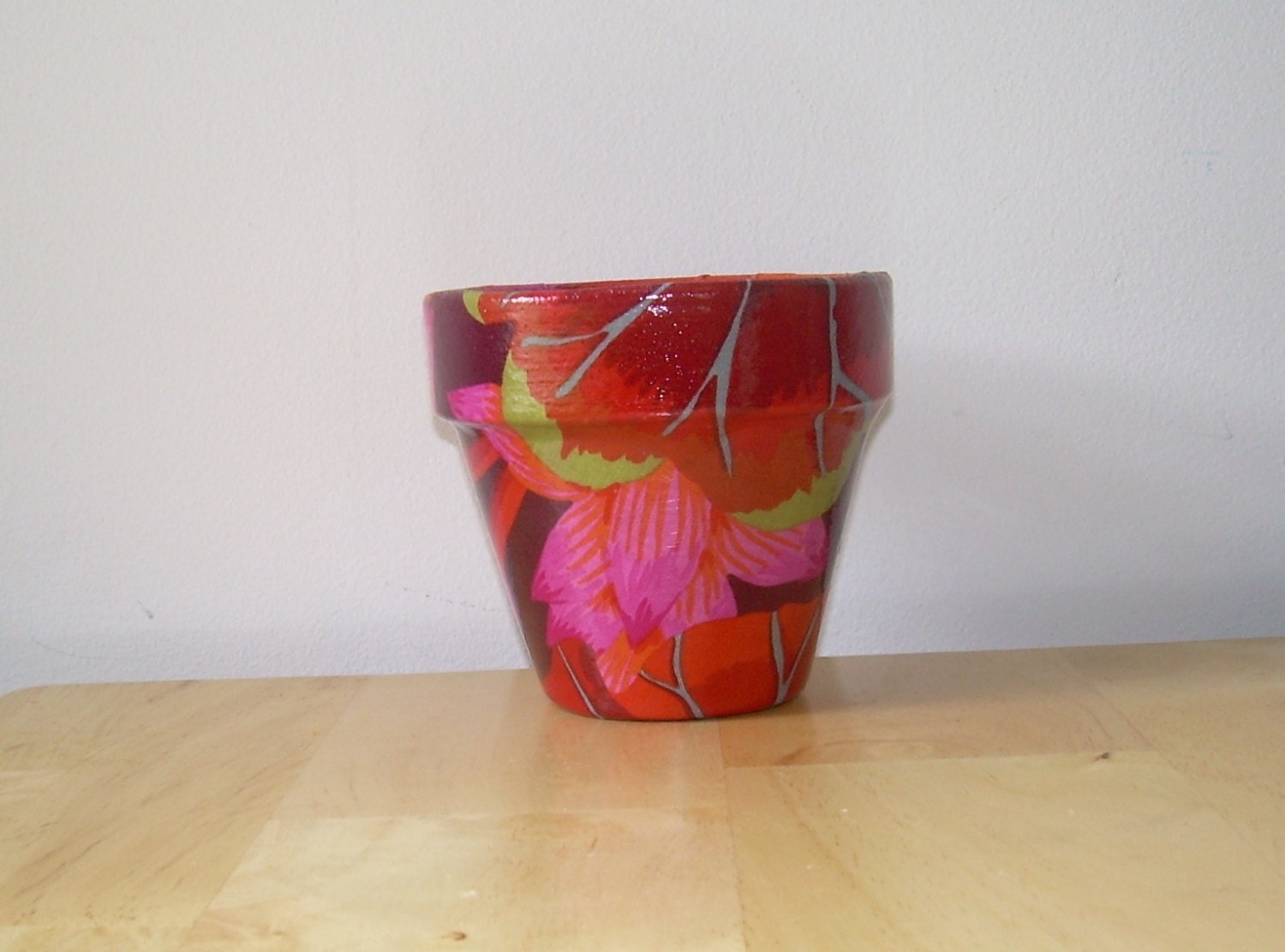 Handmade Fabric Covered Terra Cotta Clay Flower Pot Lilly Pad Blossoms