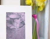 Contemporary vintage style British print ' One cup please' in lilac of English Tea Cup