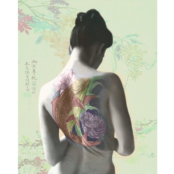 Goddess photomontage art print hand painted Japanese koi tattoo flowers pastels aqua - VoogsArt