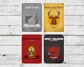 Game of Thrones - A5 SET OF 4 - Houses Stark, Baratheon, Lannister and Targaryen - Sigils GOT Dragon Wolf Stag Lion Typography Art Print