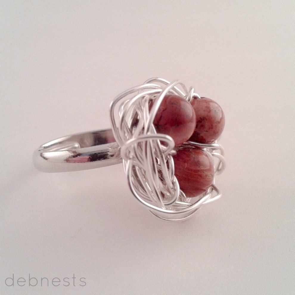 Bird Nest Ring, Brown Jasper Beads in Silver Plated Wire Nest