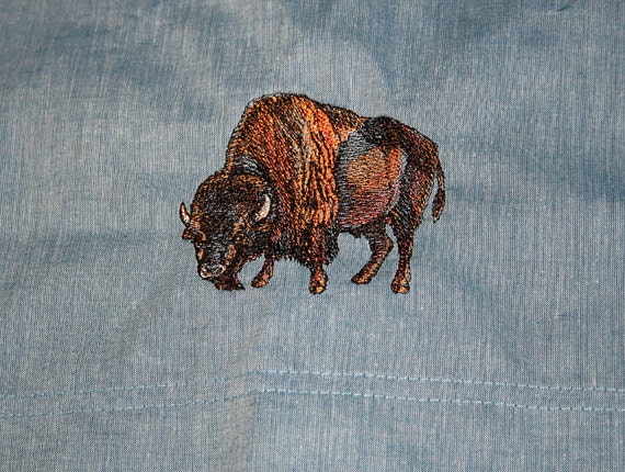 BUFFALO PILLOWCASE EMBROIDERED Chambray Blue Brown Gold Bedroom Decor Western Decor Standard Pillowcase Bedding