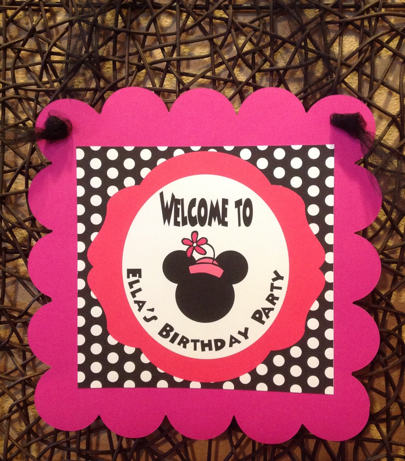 Door Sign - Minnie Mouse Hot Pink Black White Polka Dot Inspired Happy Birthday Collection - Party Packs Available