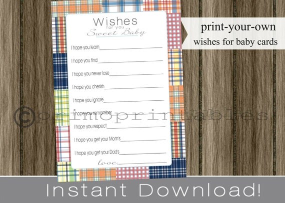 Baby Shower Wishes for Baby cards preppy madras plaid boy INSTANT DOWNLOAD printable file print your own Il_570xn
