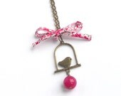 Long pendant necklace,bird pendant, antique bronze jewelry, fuchsia Liberty ribbon, french,mother's day