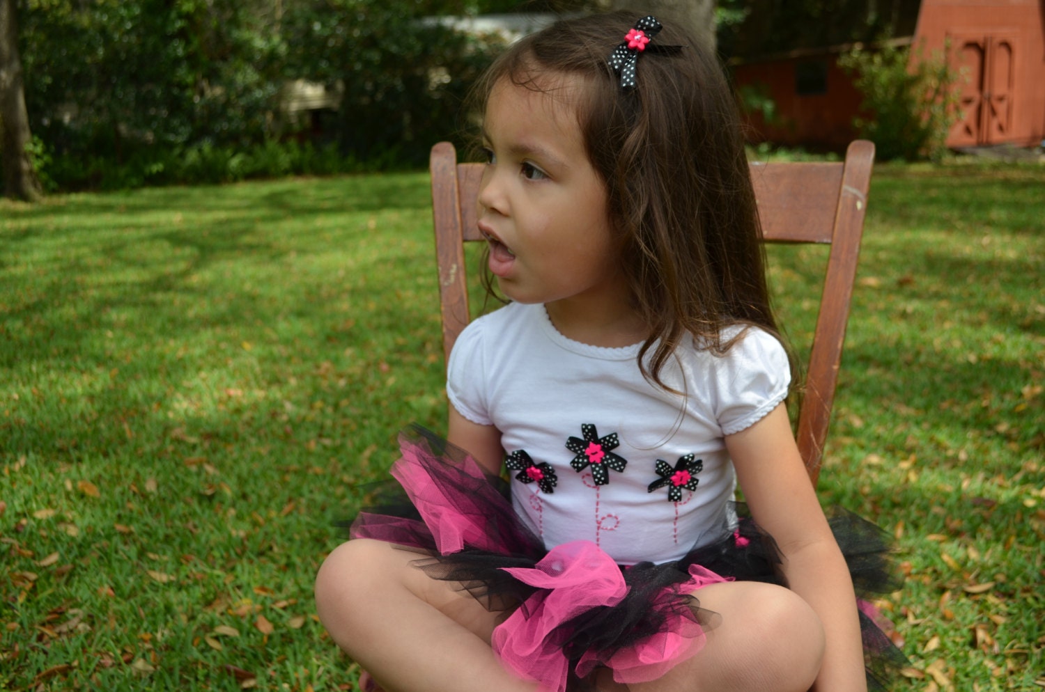 New Summer Girls Ribbon Flower T Shirt with Hand Embroidery Pink and Black Polka Dots