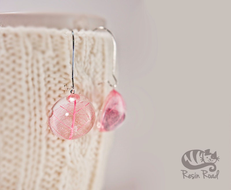 Pretty Pink Skeleton Leaf Drop Earrings. Resin and Silver Irish Leaves. Handmade Irish. Romantic Gift for Her