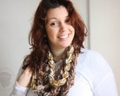 Unique Crochet Necklace, OOAK wool necklace, Infinity Scarf Cowl, golden brown mix of wools