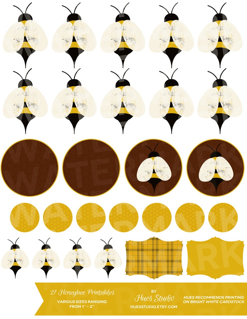 27 Honey Gold and Brown BUMBLE BEE Printables : Tags / Labels / Cupcake Toppers / Party Decor / Engagement / Instant Download - Hues Studio Il_570xn