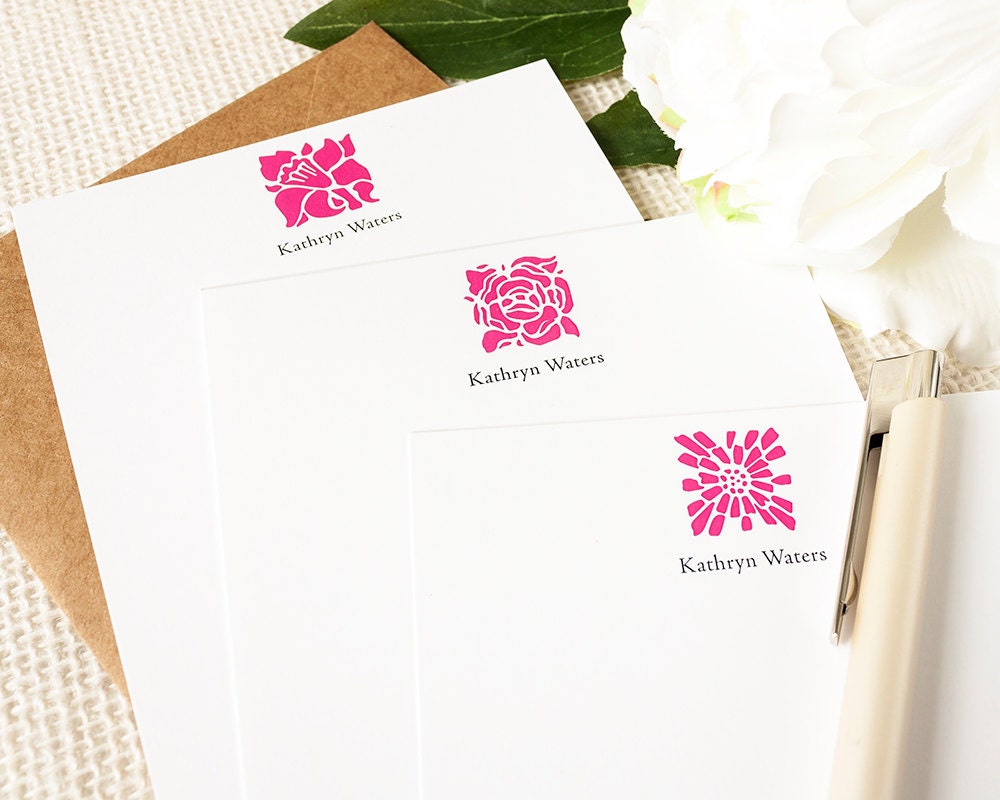 Personalized Notecard Set - Abstract Flower Trio - Set of 12 Flat Personalized Stationery / Stationary Cards - Choose your color