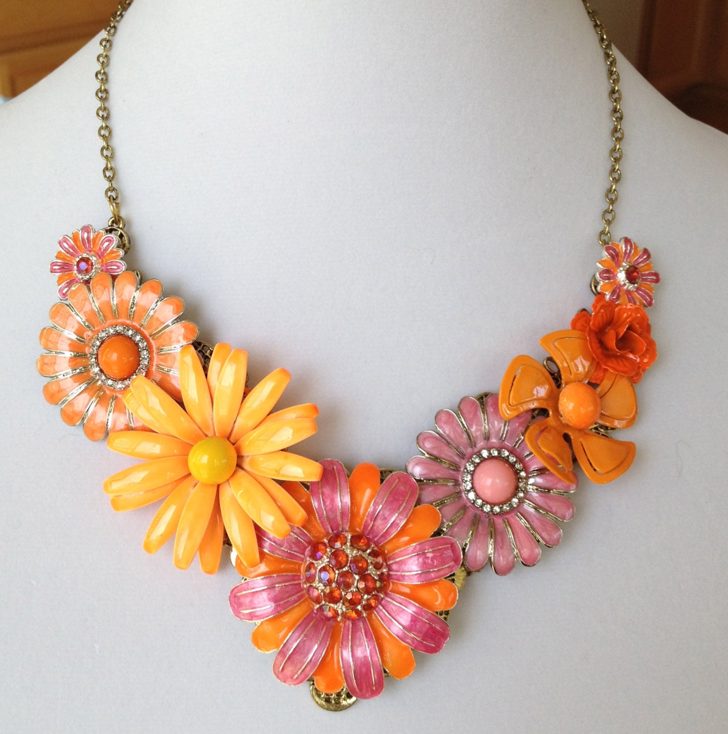 Flower bib necklace in pink and coral, upcycled repurposed, vintage assemblage, enamel flower statement necklace, reclaimed vintage, orange