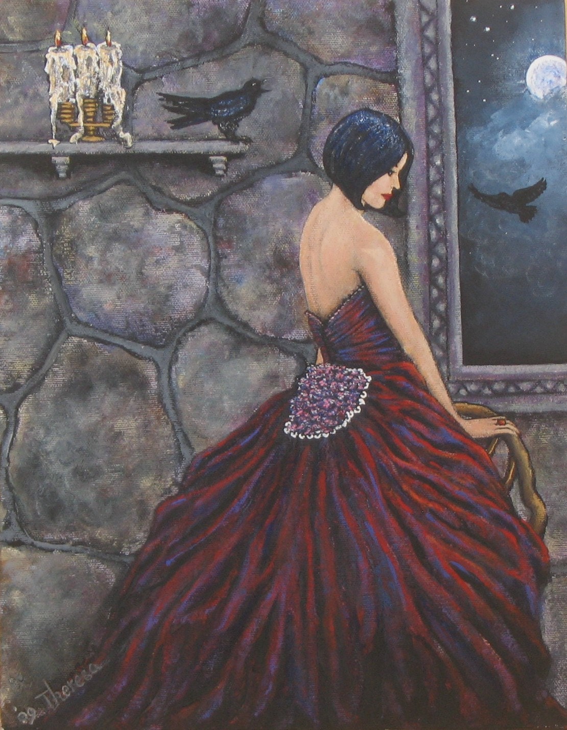 Woman in Red Dress Moon Gazing with Birds Original painting by Theresa Stahl PATIENCE