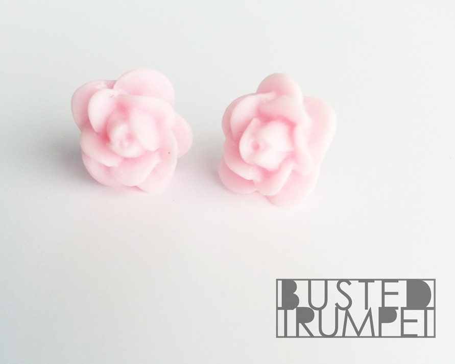 Pastel Pink Flower Stud Earrings - Light Pink Floral Rose Bud Posts - Surgical Steel Posts