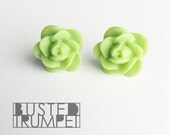 Lime Green Sherbert Flower Stud Earrings - Light Green Floral Rose Bud Posts - Surgical Steel Posts - St Patricks Day