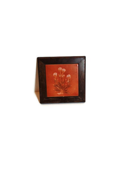 Vintage Embossed Floral Print Wall Hanging Ceramic Wood Framed Trivet  Cottage Chic 80s Orange And White,Epsteam Vintage