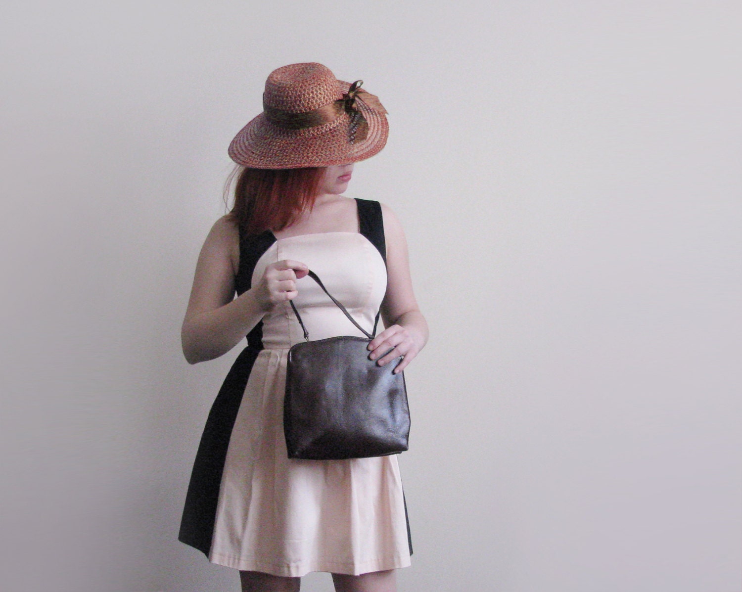 Vintage brown genuine leather handbag from 50s, brown leather clutch