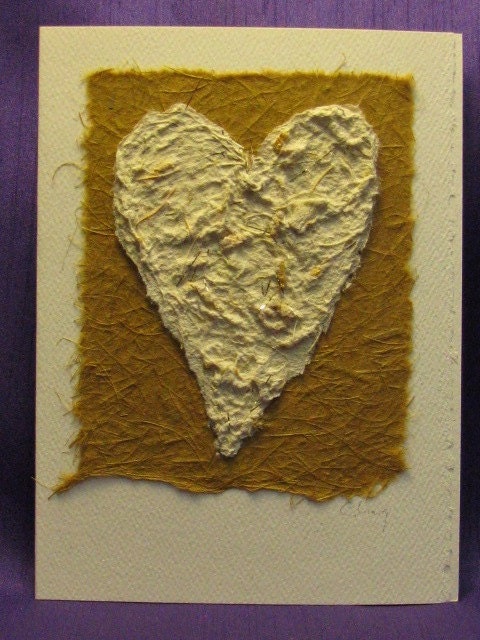 Handmade Heart Card on Goldenrod Thai Banana Paper / Valentine / Love / Anniversary / Small Art / Recycled