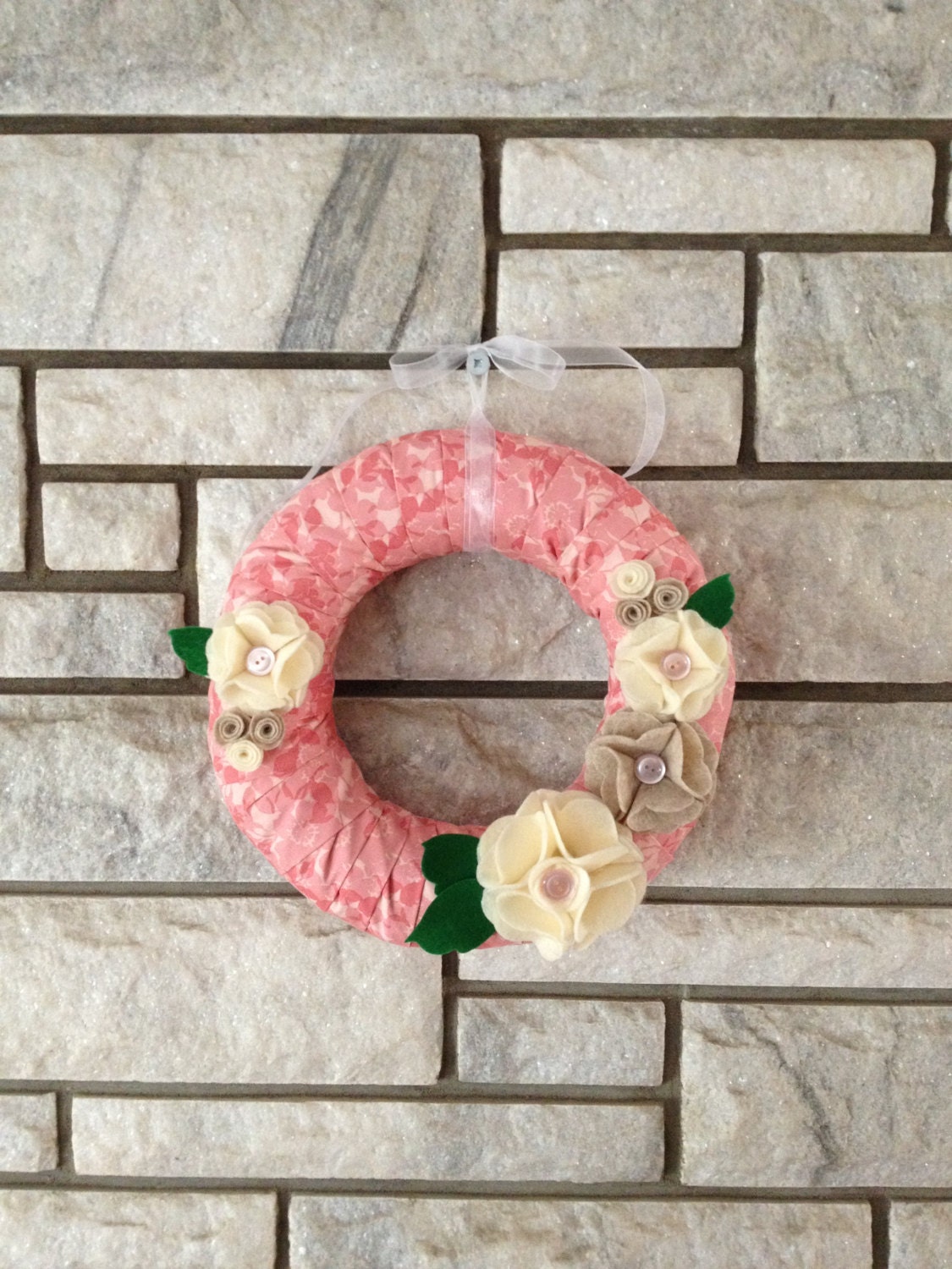 Handmade Felt Wreath Decoration - 12in Pink Floral Fabric
