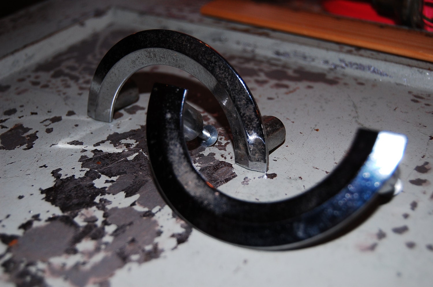 Vintage Half Circle Chrome Distressed Metal Drawer Pulls, Shabby Chic Patina Cabinet Handles - Art Deco Style Door Pull