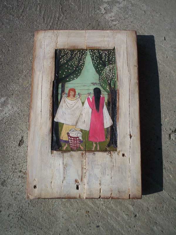 Laundering - Rustic Decorative Wall Hanging Hand Painted and Hand Carved Old Wood Colorful Original Acrylic Painting Art