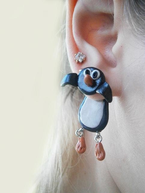 fake gauge plug two part earrings black penguin never give up , Polymerclay, handmade, серьги, сережки