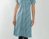 1980's Blue Dress - Vintage 1990's Gray Green Abstract Print Cotton Stretchy Classic Casual Mid Lenght Raglan Day Summer Shirt Dress Size L