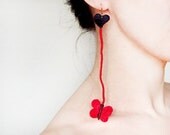 SALE long red heart  lace dangle earrings butterfly love handmade Fabric jewelry woman hippie boho party