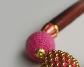 Pink Burgundy Gold Color Long Necklace. Hand Knitted With Beads. Filled Fabric Elements. Chain. DINA Necklace.