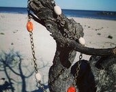 Red Coral Aqua Terra Jasper and Ivory Fossil Stone Anklet - Bronze Chain Gypsy Boho - Stylish Hippie Bohemian Jewelry - Womens Fashion