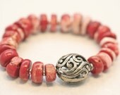 red bracelet / beaded stretch / red and white coral / mothers day / spring jewelry fashion / antiqued silver-plated cutout oval focal