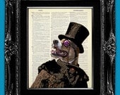 GEEK DOG POSTER Book Art Print Antique Dictionary Print on Book Page Art Print on Dictionary Paper Mixed Media Art - Monocle Dog in Fur Coat