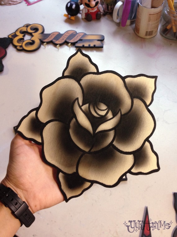 Small Handmade Wooden Traditional Tattoo Rose by Yukittenme