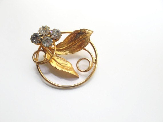 Vintage Brooch - Faux Gold and Rhinestones - Flower Brooch - Vintage Jewelry