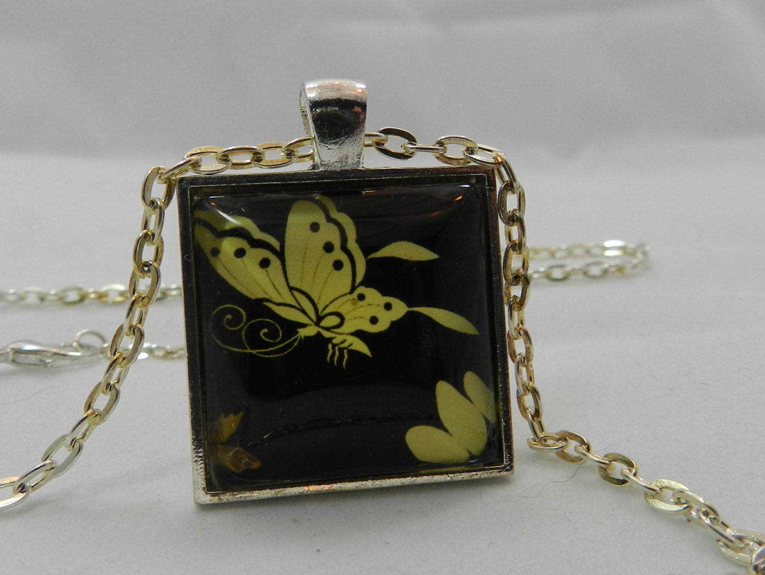 Yellow and Black Butterfly Pendant Necklace 1" Square Glass Cover Jewelry Animal Art Print Gifts for Her or Him