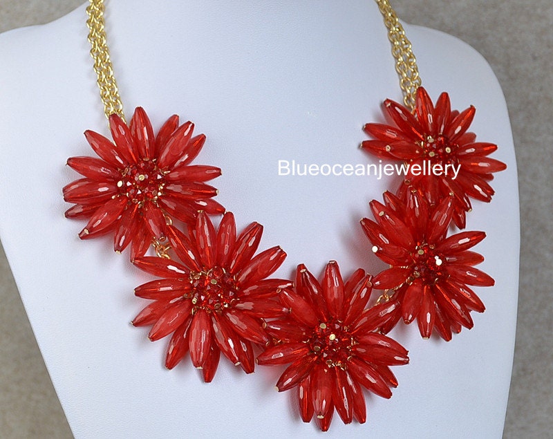 Red Flower Necklace,Cluster Necklace, Handmade Bib Necklace, Statement Necklace, Smooth Bubble Necklace
