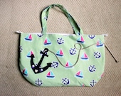 Bright Nautical Striped Sailboat and Anchor Print Spring and Summer Large Shoulder Beach Bag Purse