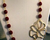 Red Czech Opal Beads Asymmetrical Bridesmaid Bridal Flower Floral Statement Necklace Gold Cable Chain Wedding Jewelry