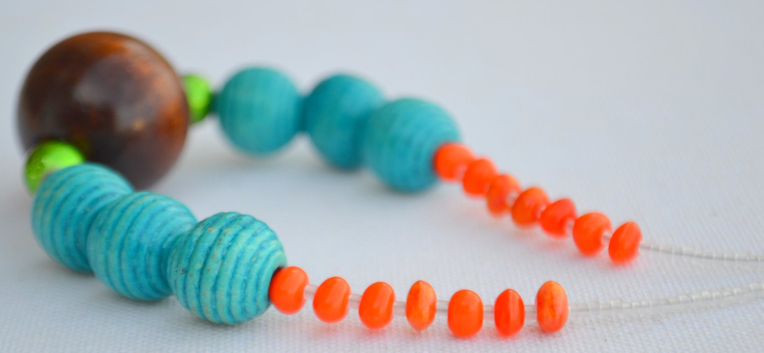 Handmade Bead Necklace, Beach Jewelry, Turquoise, Bright Orange, Necklace for Women - eklektosjewelry