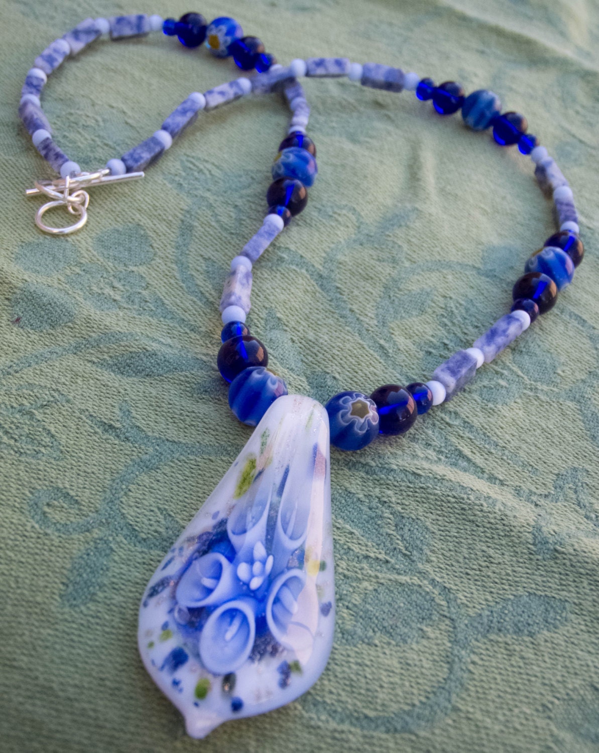 Sodalite and lampwork necklace with milliflora glass: Statement Necklace