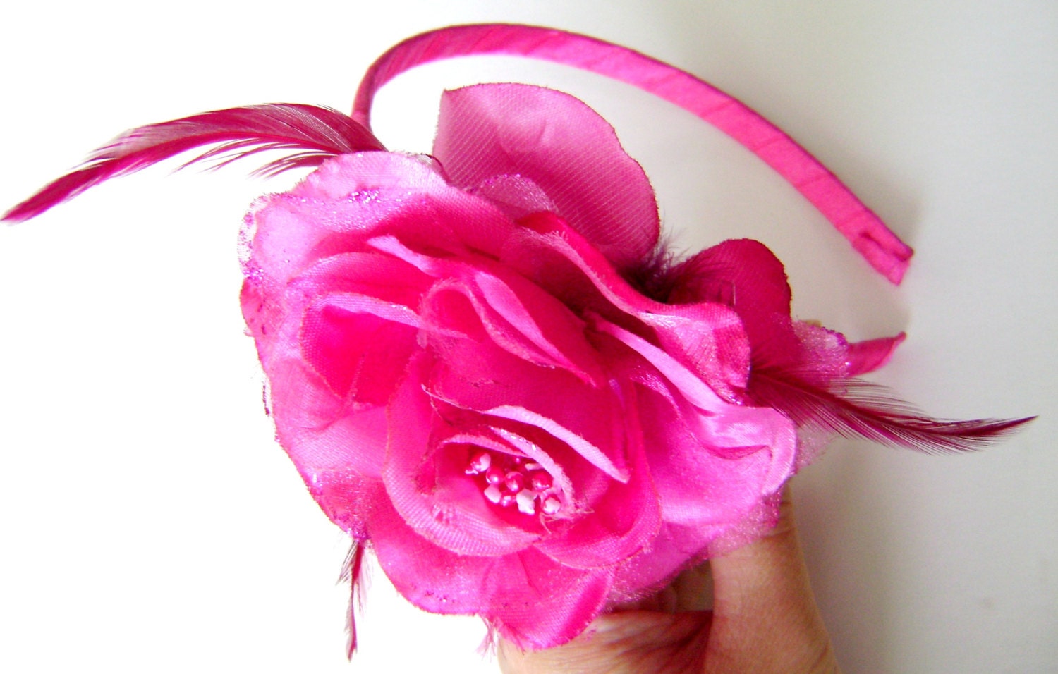 Pretty Pink Fushia Glittered Flower Hairband with Feathers- Lovely Girls Headband - NightLightCrafts