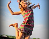 Girls Shabby Chic Ruffle Dress Made To Order Zig Zag And Flowers Funky Pillowcase Dress 1T-5T  Boutique Style
