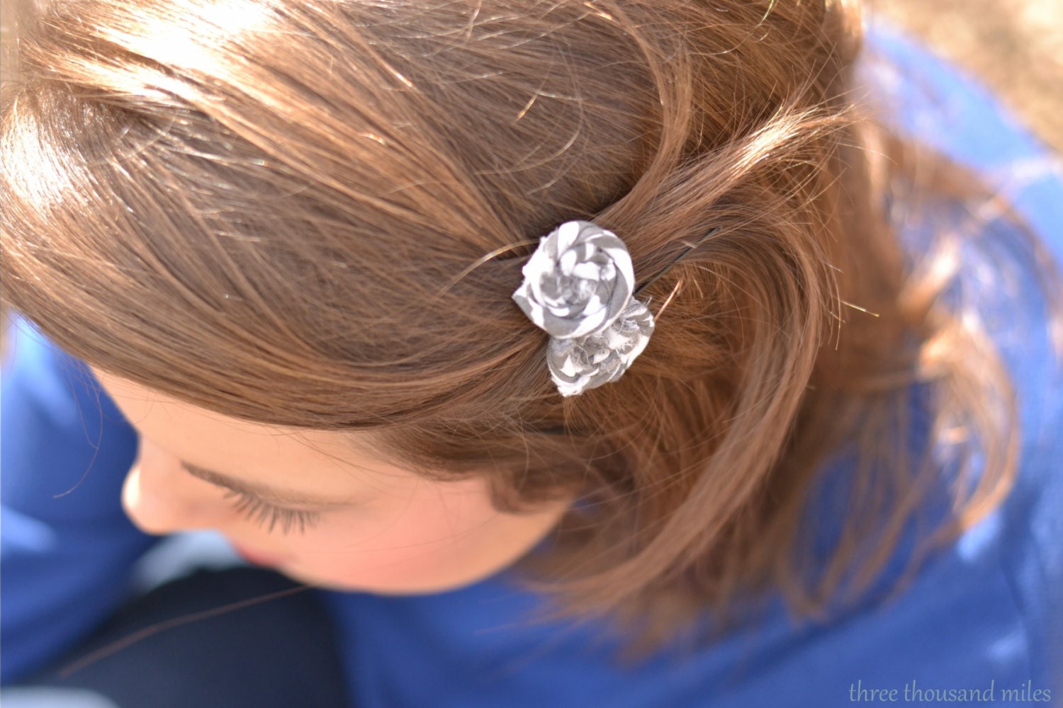 Gray & White Fabric Rosette Bobby Pins, Set of Two