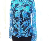 Free shipping Gottex 90's Turquoise Button Up FloralL Sheer Top blouse,long Sleeve ,Size S / M, One piece