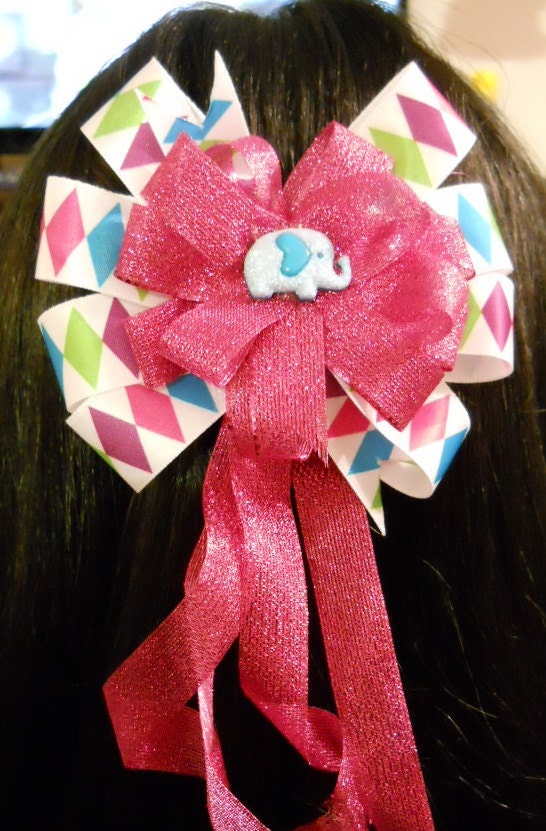 Colorful & Sparkly Pink French Barrette Hair Bow w/ Shimmery Blue Elephant Accent