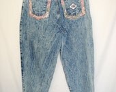 80s Zena Acid Wash Floral Tapered  Denim Jeans High Waist Small Baggy Pleats