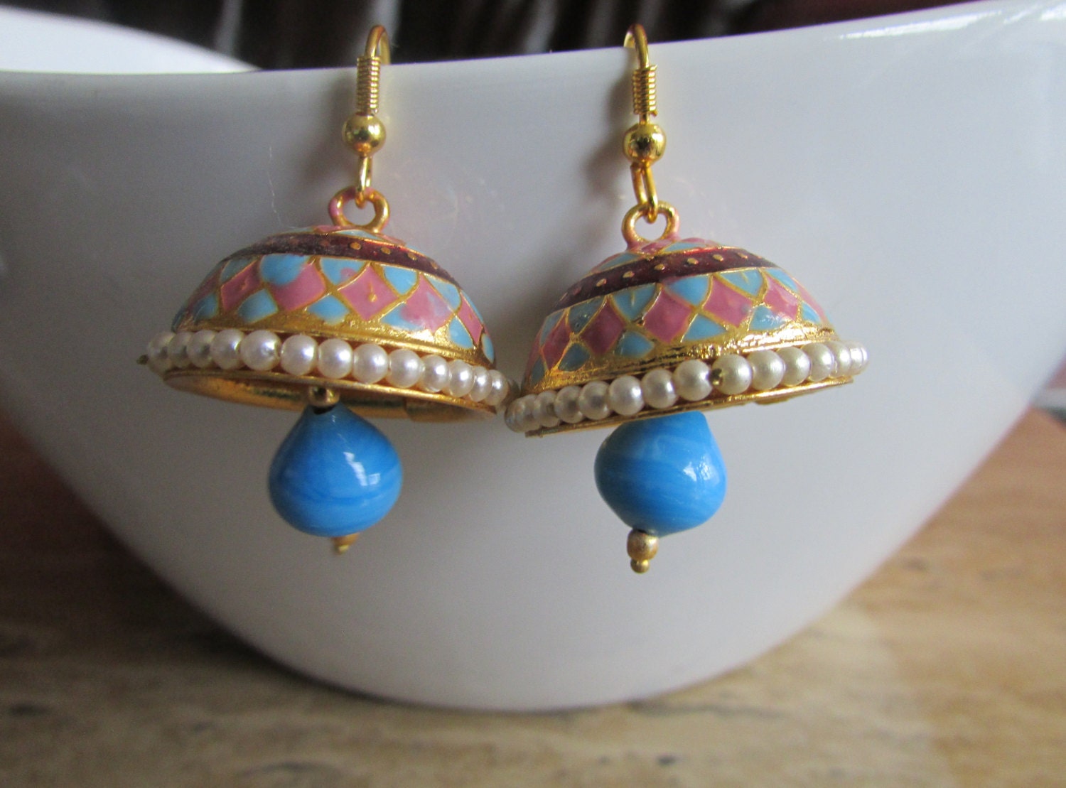 Meenakari Turquoise Chandelier Earrings  - Jhumka, bollywood, Indian, pearls, drop, statement, earrings, dangle, hoop